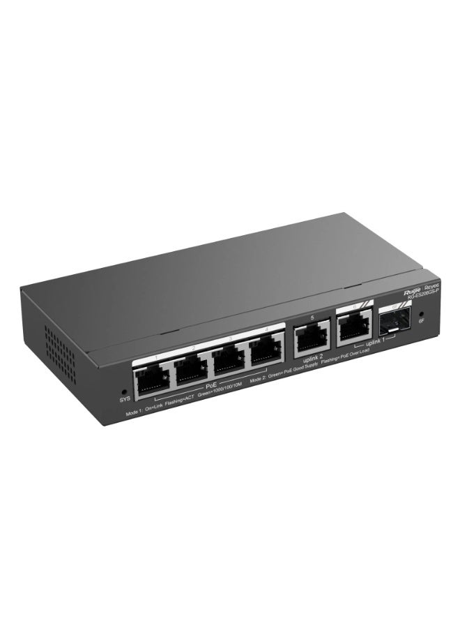 Ruijie RG‑ES206GS‑P محول سحابي ذكي مدارة 6 منافذ جيجابت مع 4 منافذ PoE+، 1 منفذ SFP، 1 منفذ كومبو، ميزانية PoE 54W، التعرف على كاميرات IP، منع الحلقة، VLAN، QoS، إدارة سحابية، مثالي لأنظمة CCTV والشبكات الصغيرة للمكاتب | RG-ES206GS-P - Image 1